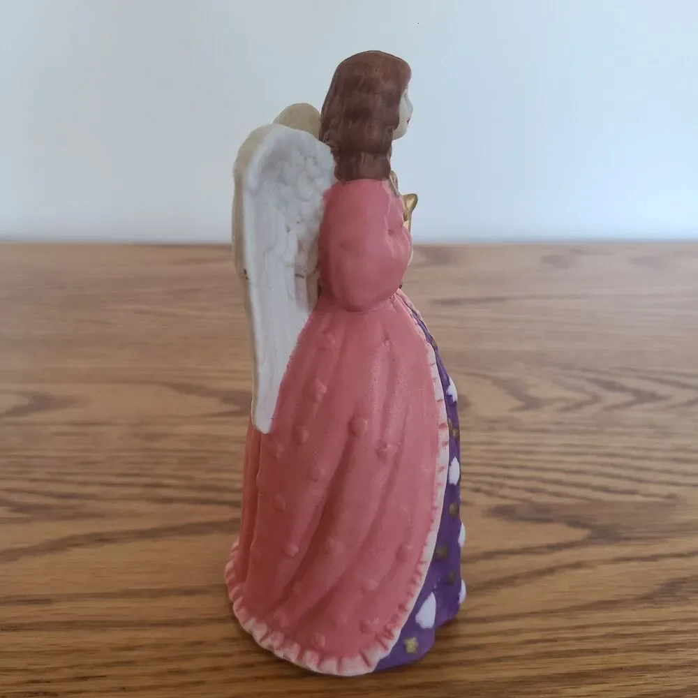 Vintage Hand Painted Bell Bisque Musical Angel Figurine With Pink Gown And Harp